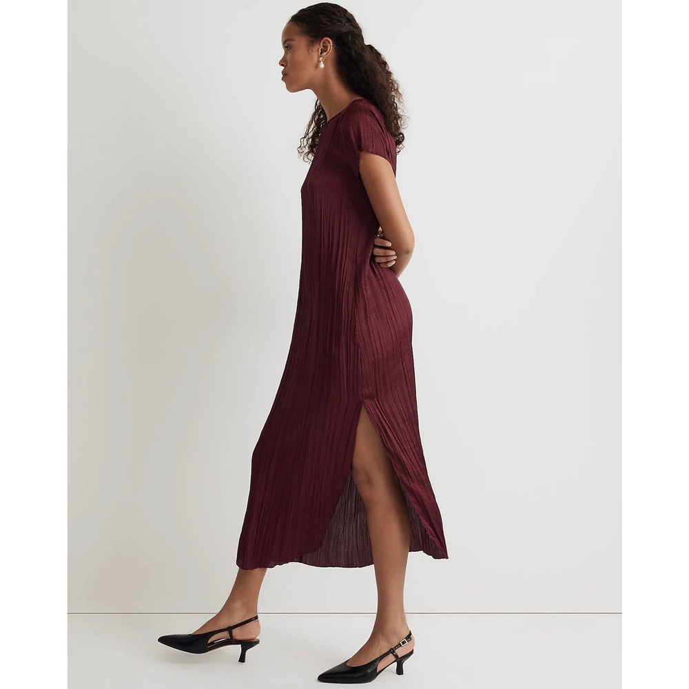 MADEWELL Mullberry Wine  Kourtney Short-Sleeve Slip Midi Dress Plissé NWT XXS - Picture 3 of 10